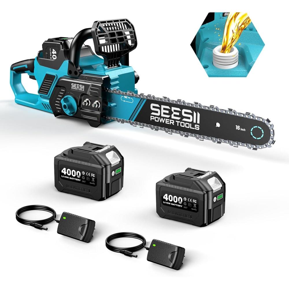 image:imageSEESII 40V 18Inch Electric Chainsaw Cordless Chainsaw with 2 x 50Ah Batteries amp Fast Chargers 2200W Brushless Battery Powered Chain Saw AutoOiling Electric Saw for Tree Felling and Wood CuttingBlue