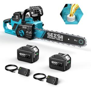 SEESII 40V 18-Inch Electric Chainsaw: Cordless Chainsaw with 2 x 5.0Ah Batteries & Fast Chargers, 2200W Brushless Battery Powered Chain Saw, Auto-Oiling Electric Saw for Tree Felling and Wood Cutting(Blue)