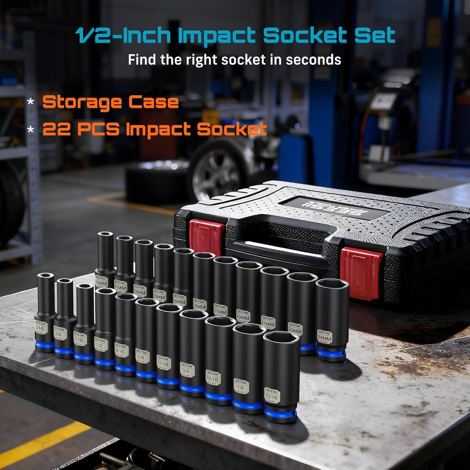 image:image12 Drive Deep Impact Socket Set SAE amp Metric Sockets 5161516 amp 1024mm Professional CRMO Steel 6Point for Impact Wrench Automotive amp Truck Repair Tool KitSAEMetric Deep 22pc