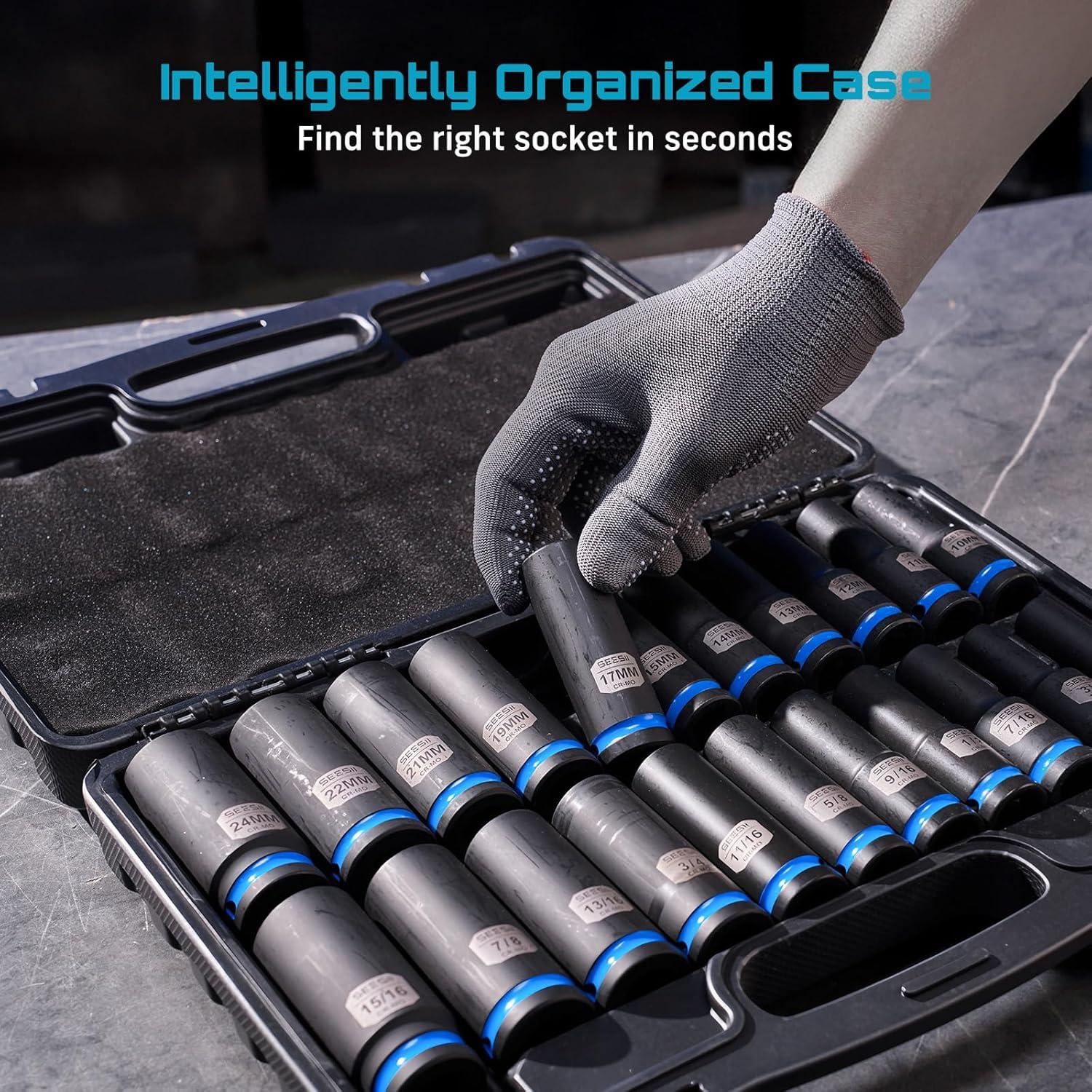 image:image12 Drive Deep Impact Socket Set SAE amp Metric Sockets 5161516 amp 1024mm Professional CRMO Steel 6Point for Impact Wrench Automotive amp Truck Repair Tool KitSAEMetric Deep 22pc