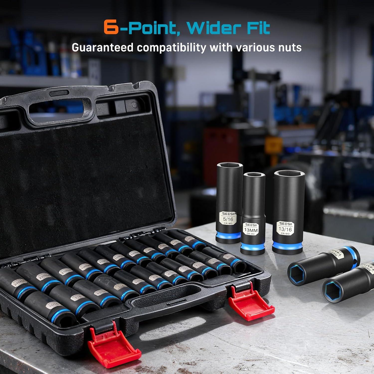 image:image12 Drive Deep Impact Socket Set SAE amp Metric Sockets 5161516 amp 1024mm Professional CRMO Steel 6Point for Impact Wrench Automotive amp Truck Repair Tool KitSAEMetric Deep 22pc