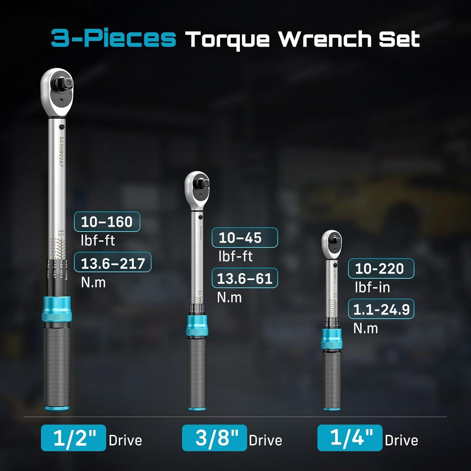 image:imageSeesii Torque Wrench Set 14 38 12 Drive Click Type Torque Wrench Kit with Adapters 3 Accuracy Dual Scale 72Tooth Ratchet for Car Motorcycle Bike Repair