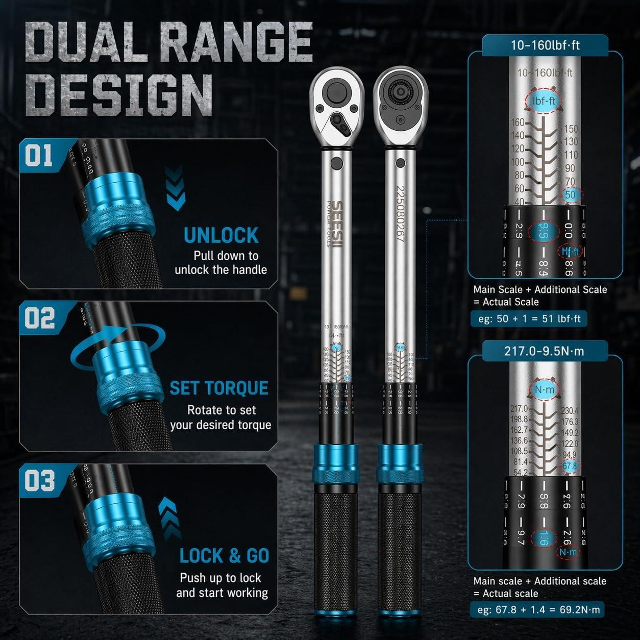 image:imageSeesii Torque Wrench Set 14 38 12 Drive Click Type Torque Wrench Kit with Adapters 3 Accuracy Dual Scale 72Tooth Ratchet for Car Motorcycle Bike Repair