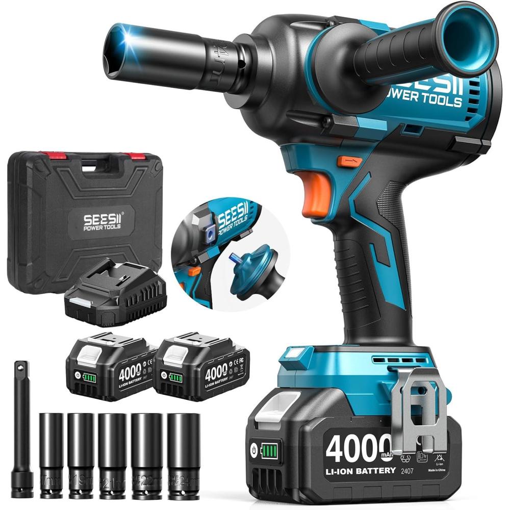 image:imageSEESII Upgraded Impact Wrench 1180 Ftlbs 1600 Nm 12 HighTorque Impact Gun with Detachable Side Handle 21V Cordless Impact Driver 2x 40Ah Batteries for CarPickup TruckMowerIndustrial TasksBlue16