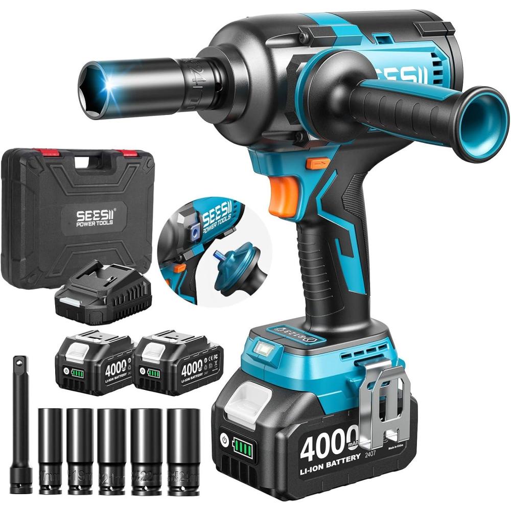 image:imageSEESII Upgraded Impact Wrench 1180 Ftlbs 1600 Nm 12 HighTorque Impact Gun with Detachable Side Handle 21V Cordless Impact Driver 2x 40Ah Batteries for CarPickup TruckMowerIndustrial TasksBlue12
