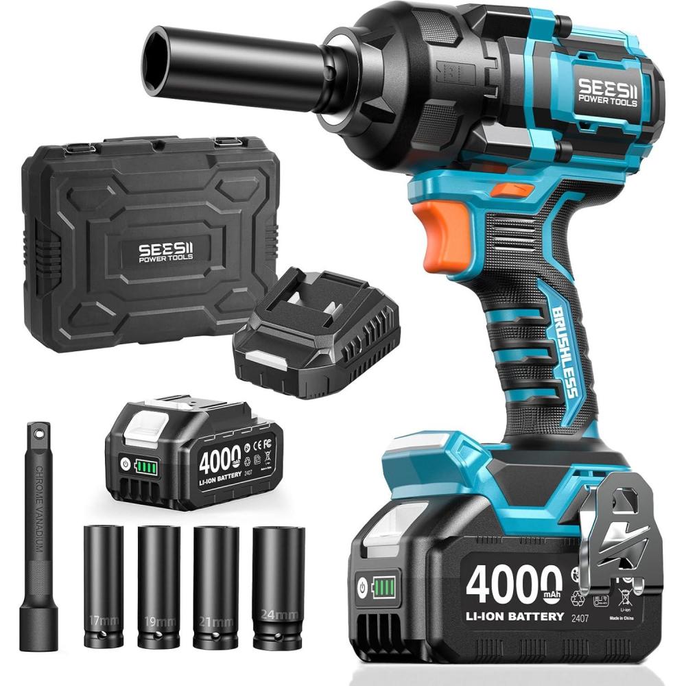 image:imageSeesii Impact Wrench 886 Ftlbs1200Nm 12 High Torque Impact Gun with 21V 2x40Ah Battery Electric Impact Driver 2900IPM 5 Socket Cordless Impact Wrench for Home CarMowerPickupTruck RV1200Nm with One Batteries