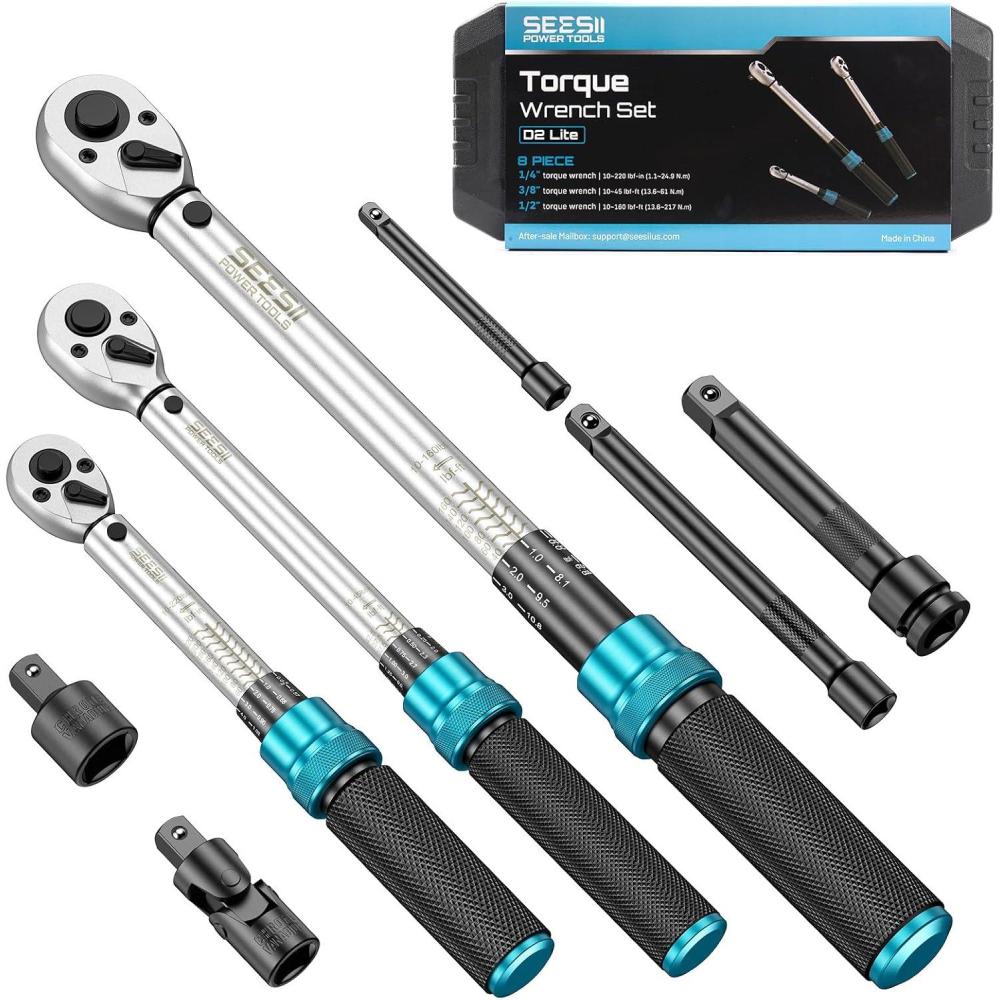 image:imageSeesii Torque Wrench Set 14 38 12 Drive Click Type Torque Wrench Kit with Adapters 3 Accuracy Dual Scale 72Tooth Ratchet for Car Motorcycle Bike Repair