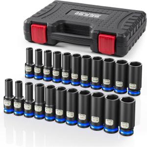 1/2″ Drive Deep Impact Socket Set, SAE & Metric Sockets (5/16″-15/16″ & 10-24mm), Professional CR-MO Steel, 6-Point for Impact Wrench, Automotive & Truck Repair Tool Kit(SAE/Metric Deep – 22pc)