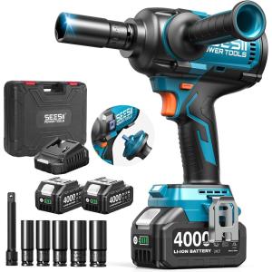 SEESII Upgraded Impact Wrench 1180 Ft-lbs (1600 N·m): 1/2″ High-Torque Impact Gun with Detachable Side Handle, 21V Cordless Impact Driver 2x 4.0Ah Batteries for Car/Pickup Truck/Mower/Industrial Tasks(Blue16)