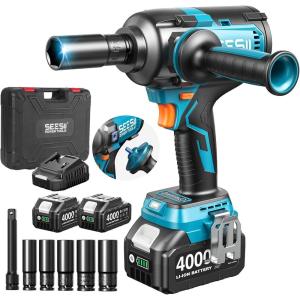 SEESII Upgraded Impact Wrench 1180 Ft-lbs (1600 N·m): 1/2″ High-Torque Impact Gun with Detachable Side Handle, 21V Cordless Impact Driver 2x 4.0Ah Batteries for Car/Pickup Truck/Mower/Industrial Tasks(Blue12)