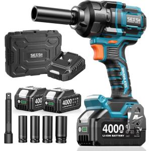 Seesii Impact Wrench 886 Ft-lbs(1200N.m), 1/2 High Torque Impact Gun with 21V 2×4.0Ah Battery, Electric Impact Driver, 2900IPM, 5 Socket, Cordless Impact Wrench for Home Car/Mower/Pickup/Truck RV(1200N.m with Two Batteries)