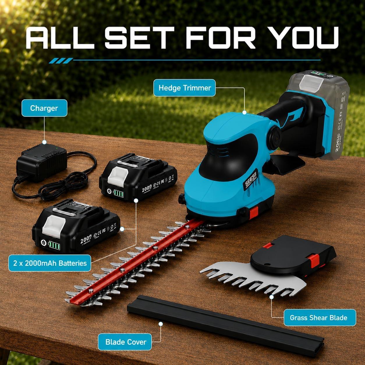 image:imageSeesii 20V Cordless Hedge Trimmer 2in1 Electric Shrub Trimmer and Grass Shears with 12 and 6 DualAction SK5 Blades 2 x 20Ah Batteries Rotating Handle Power Hedge Clipper for Lawn and Garden