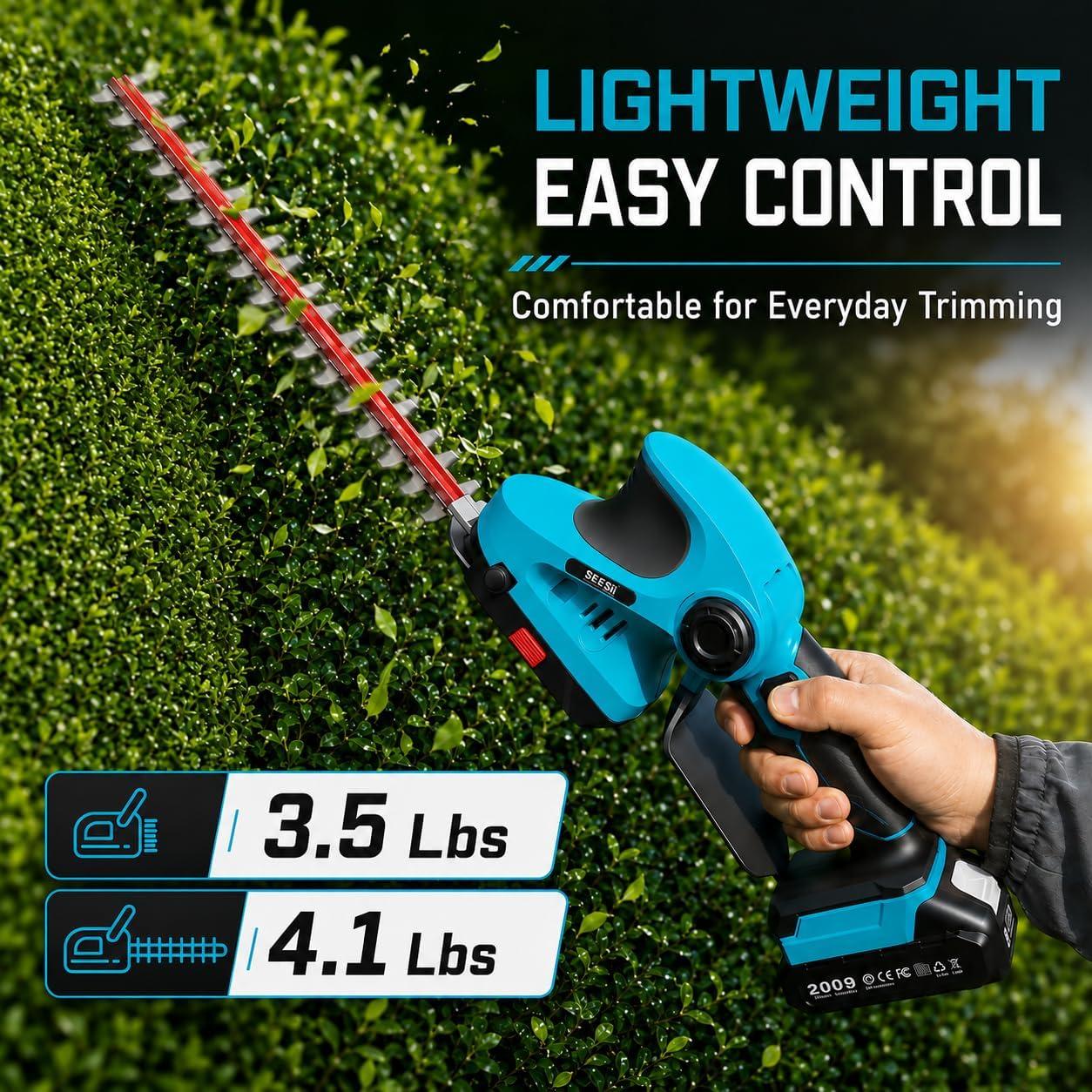 image:imageSeesii 20V Cordless Hedge Trimmer 2in1 Electric Shrub Trimmer and Grass Shears with 12 and 6 DualAction SK5 Blades 2 x 20Ah Batteries Rotating Handle Power Hedge Clipper for Lawn and Garden
