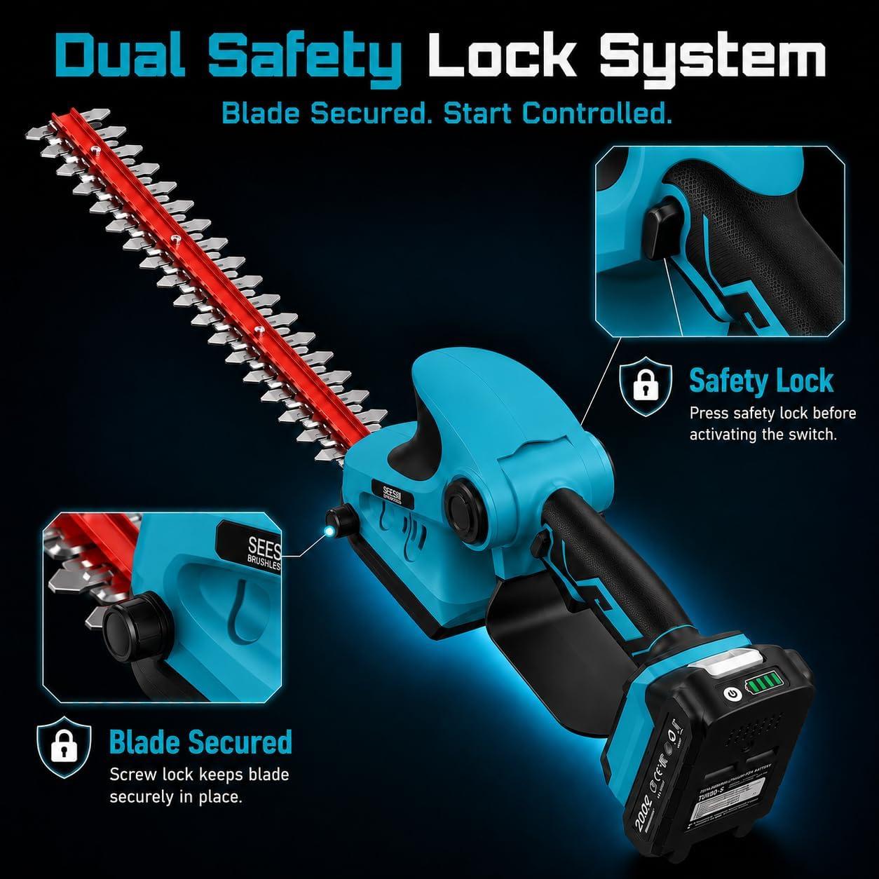 image:imageSeesii 20V Cordless Hedge Trimmer 2in1 Electric Shrub Trimmer and Grass Shears with 12 and 6 DualAction SK5 Blades 2 x 20Ah Batteries Rotating Handle Power Hedge Clipper for Lawn and Garden