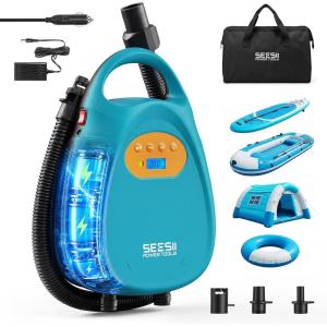 Seesii Electric Paddle Board Pump, Rechargeable 20PSI Cordless SUP Pump, Intelligent Dual Stage Fast Inflation & Deflation, Portable High Pressure Auto-Off Air Pump for Paddleboards, Boat, Kayaks