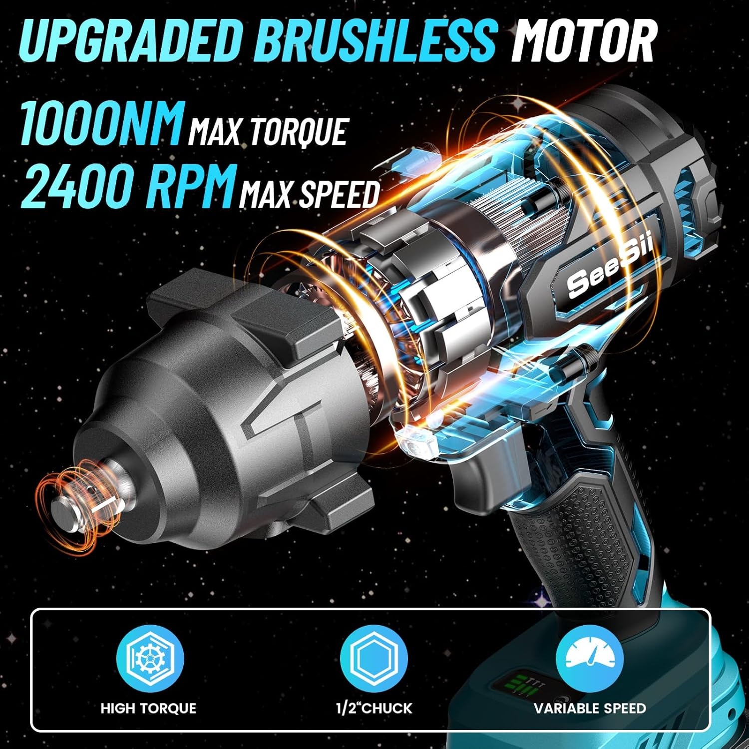 image:imageSeesii 1000Nm738ftlbs Cordless Impact Wrench amp Pole Saw 8 Inch
