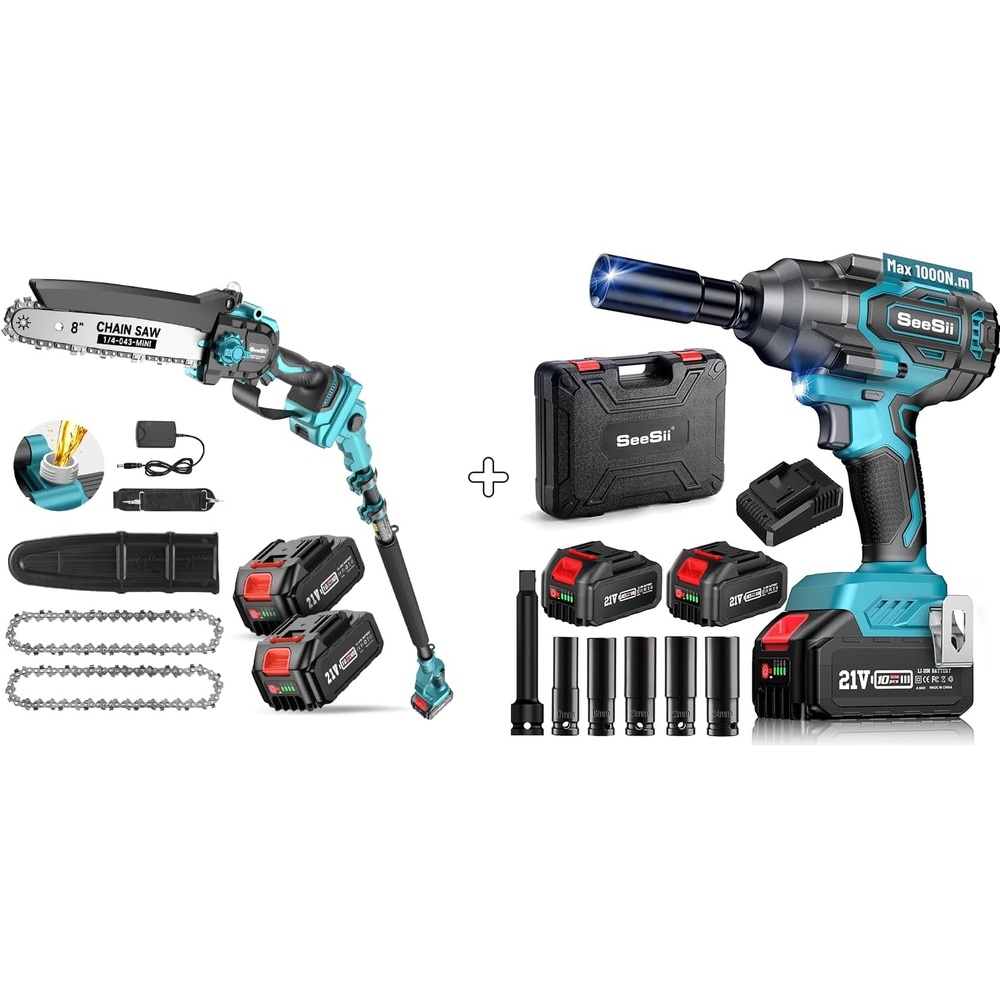 image:imageSeesii 1000Nm738ftlbs Cordless Impact Wrench amp Pole Saw 8 Inch